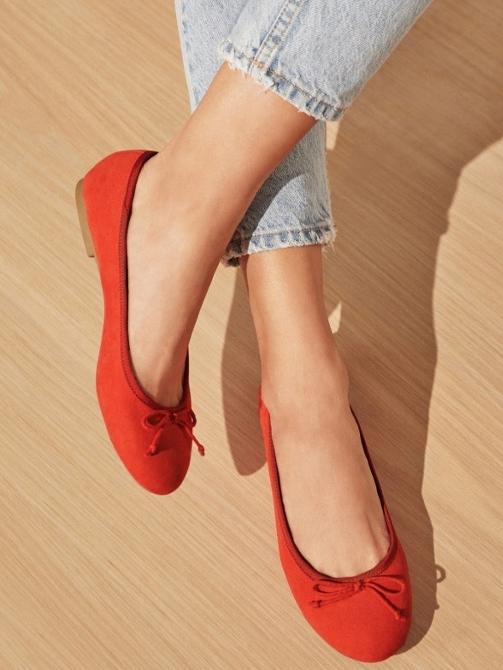 NWT JustFab Red Suede-Look Ballet Flats with Bow Trim, Size 6